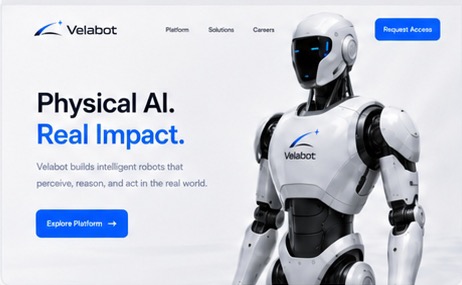 Velabot website product interface with a branded humanoid robot